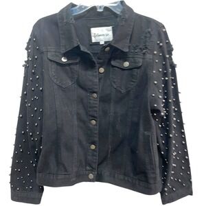 Women Black Studded Denim Jacket Distressed Punk Rock Goth Y2K Jean Coat Size L‎